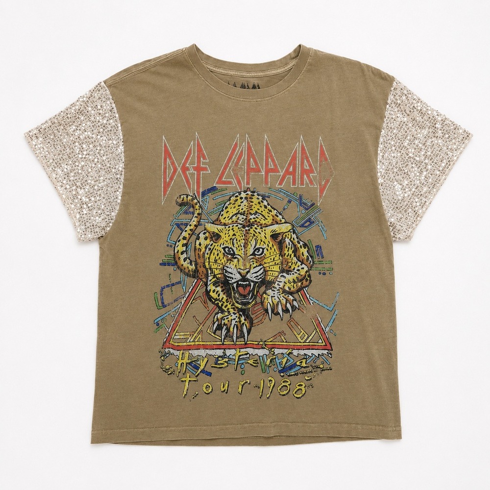 Def Leppard Tour 1988 Graphic Tee Sequin Sleeves Women's Medium Tan